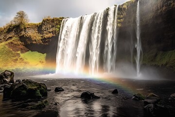 Obraz premium Majestic combination of a waterfall and a vibrant rainbow. Generative AI