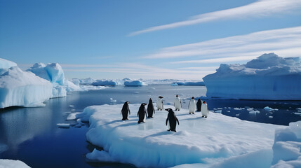 penguins in polar regions and blue sky created with Generative AI 