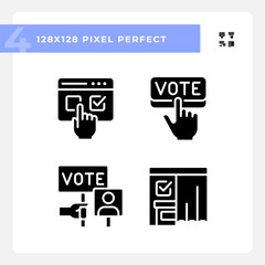 2D pixel perfect set of glyph style icons representing voting, isolated vector illustration, flat design election symbols.