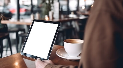 person holding blank screen tablet with cup of coffee in cafe created with Generative AI 