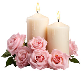 Fototapeta na wymiar Two cream candles with fire surrounded by pink roses. Isolated on transparent background. KI.