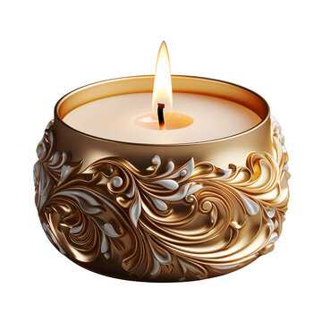 A burning candle in a luxurious gold candlestick with a botanical bas-relief. Isolated on transparent background. KI.