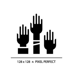 Obraz premium 2D pixel perfect glyph style icon of people with hands raised representing voting, isolated vector illustration, flat design voters symbol.