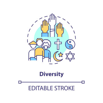 Diversity concept icon. Cross cultural communication. Ethnic group. Racial equality. Religious freedom. Social inclusion abstract idea thin line illustration. Isolated outline drawing. Editable stroke