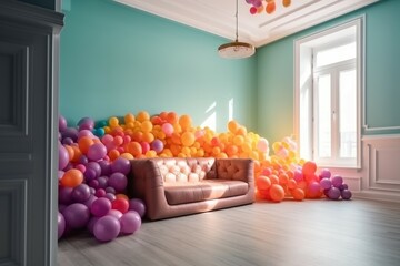 Room sofa balloons birthday. Generate Ai