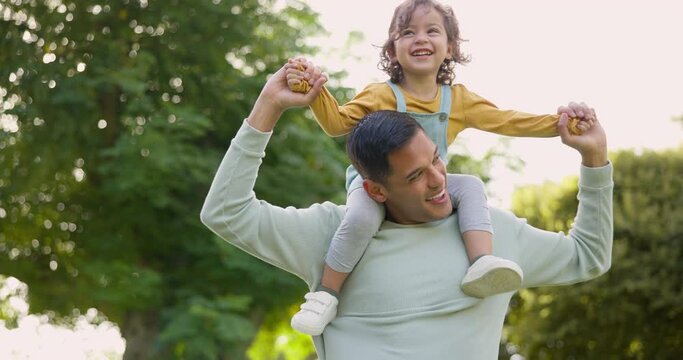 Smile, piggyback and father with girl in nature, bonding and having fun. Happy, dad and carrying child on shoulders, play and enjoying quality family time together outdoor in park with love and care.