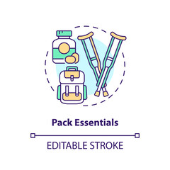 Pack essentials concept icon. Mobility aid. Road trip. Person with disability. Social inclusion. Travel planning abstract idea thin line illustration. Isolated outline drawing. Editable stroke