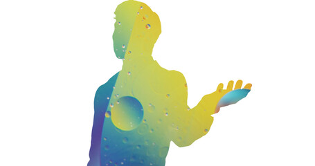 Silhouette of man with hand outstretched filled with yellow and blue shapes on white background
