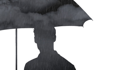 Silhouette of man under umbrella filled with grey clouds and rain on white background