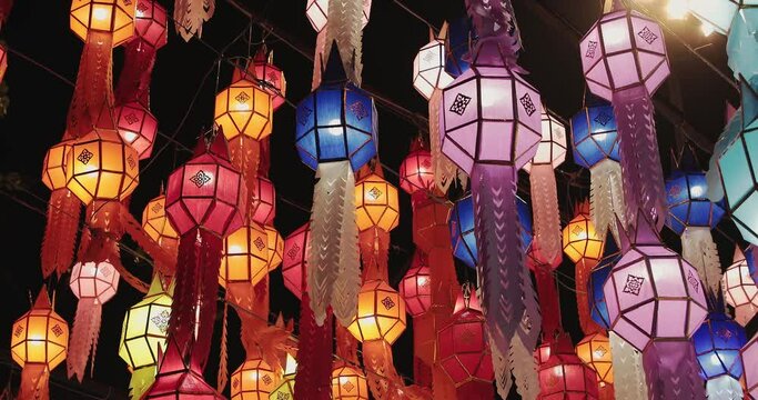 Colorful lanterns Lanna style during Loy Krathong festival in Chiang Mai Province, Thailand. 4K