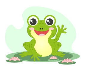 A cheerful frog on a water lily waving his paw. Vector illustration