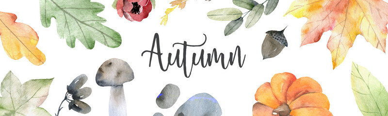 Watercolor banner of leaves and branches isolated on white background. Autumn illustration for greeting cards, wedding invitations, quote and decorations.