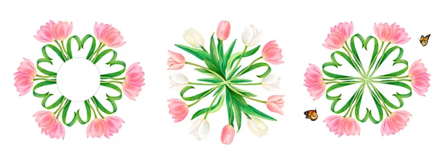Papier Peint photo Plantes tropicales Watercolour drawn set of round bouquets from beautiful pink and white tulip flowers with heart-shaped leaves on white background. Perfect for sticker, logo, napkin, textile printing