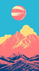 Volleyball ball of bright color and mountains on the background. Generative AI