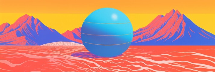 Volleyball ball of bright color and mountains on the background. Generative AI