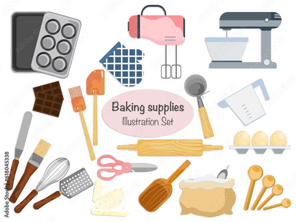 Wall mural illustration for cooking and baking kitchen utensils ingredients. chocolate, eggs. flour. kitchen ut