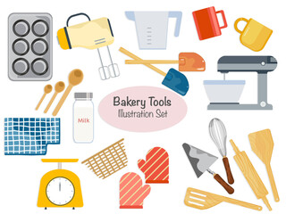 Isolated kitchen illustration For bakeries to bake cakes for dessert. Ingredients, utensils, and tools for baking vector illustration set.