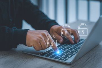 Businessmen protecting personal data on laptops and typing login and password, cyber security concept, data protection and secured internet access, cybersecurity. data protection from hacker