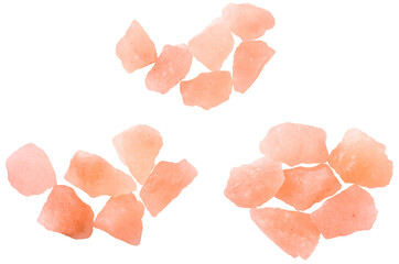 Himalayan pink rock salt isolated on white background, top view.