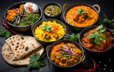 Assorted various Indian food on a dark rustic background. Traditional Indian dishes Chicken tikka masala, palak paneer, saffron rice, lentil soup, pita bread and spices.