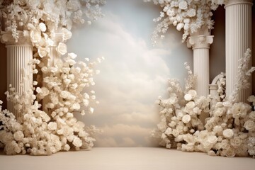 Abstract Ivory 3d studio background. room with flowers columns curtains, AI generated