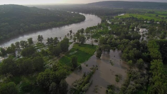 Flooded fields and groves, aerial view.