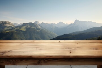 Wooden desk mountains field. Generate Ai