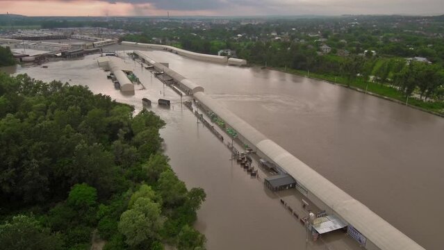 Flooded parking, stores and warehouses, aerial view.