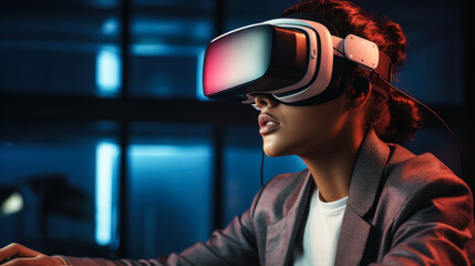 a user using virtual reality gear on blue blurry background