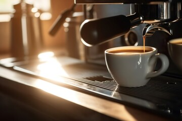 Savor the Rich Aroma of a Perfectly Brewed Espresso in a Rustic Roastery Ambiance on a Sunny Morning