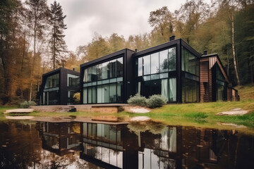Fototapeta na wymiar Modern luxury villa exterior in minimal style. Glass house in nature Glamping near lake and forest. Modern cabin house in deep forest, generative AI