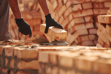 Placing the bricks. Close up view of man that is working on the construction site