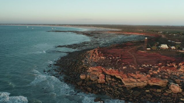 Coastal Kimberley region of Australia red dirt and ocean. Abstract aerial drone Gantheaume Point Broome 4K.