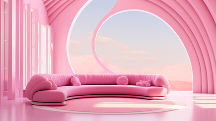 Pink living room interior design. Couch sofa Home background furniture of architecture modern. Generative Ai.