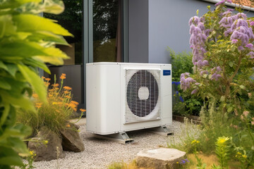 Heatpump Experience Ultimate Comfort and Energy Efficiency with a Stylish Heat Pump in the Serene Surroundings of a Lush Garden Oasis on a Sunny Summer Morning