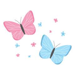 Cute baby print with butterflies and flowers in a flat style. Poster with butterflies in scandinavian style. Vector illustration.