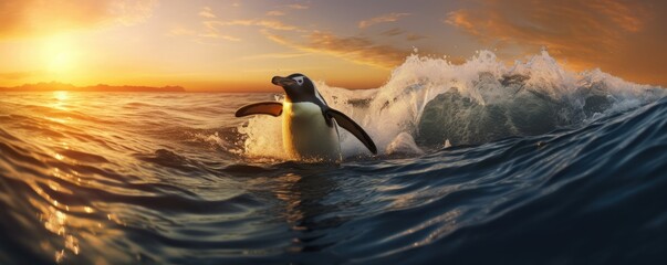 Surfing penguin on wave in clear water with sunset light, panorama. Generative Ai.