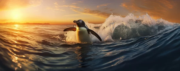 Tragetasche Surfing penguin on wave in clear water with sunset light, panorama. Generative Ai. © annamaria