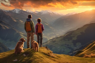 Obraz premium Family, child, and their beloved dog as they stand on the peak of a mountain. Generative AI