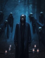 Fototapeta na wymiar Man standing in scary dark forest