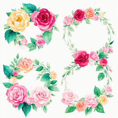 Watercolor wreaths rose flower frames with white background,Generative AI.