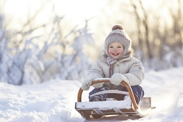 Happy girl sledding outdoors on clear winter day. Generative AI