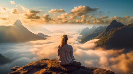 Obraz premium Girl sits with her back on top of a mountain, under the clouds