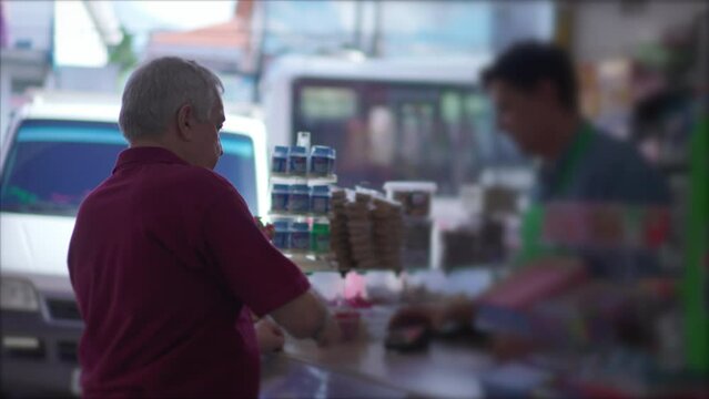 Elderly Patron Using Mobile Payment at Cafeteria, Senior Customer Conducting Contactless Transaction in Small Business