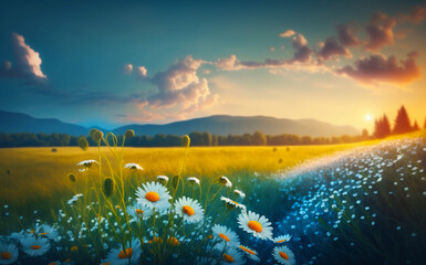 Fototapeta na wymiar A bright summer meadow at sunset. Generative AI.