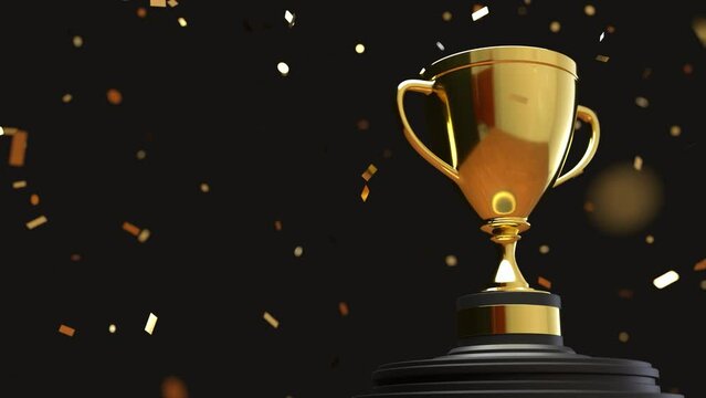 Golden trophy with falling golden confetti on black background, Victory