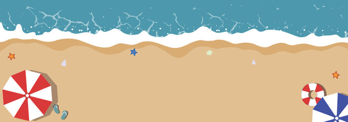 ビーチパラソルと浮き輪で飾られた海辺の夏旅応援キャンペーン広告バナーテンプレート（コピースペースあり）　Summer Travel Support Campaign ad banner template decorated with beach parasols and floats (Copyspace available) © arucom_