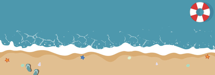 ビーチサンダルと浮き輪で飾られた海辺の夏旅応援キャンペーン広告バナーテンプレート（コピースペースあり）　Summer Travel Support Campaign ad banner template decorated with flip flops and floats (Copyspace available) © arucom_