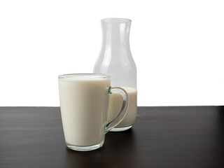 Bottle and glass of milk on a wooden table. Milk on a light background, PNG.