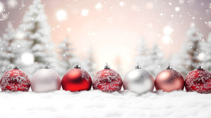 Fototapeta na wymiar red and white christmas balls decoration on white snow created with Generative AI 